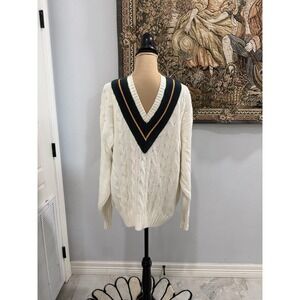 SKYR Sweater Mens Large Ivory Cable‎ Knit V Neck Cricket Tennis Preppy Cotton